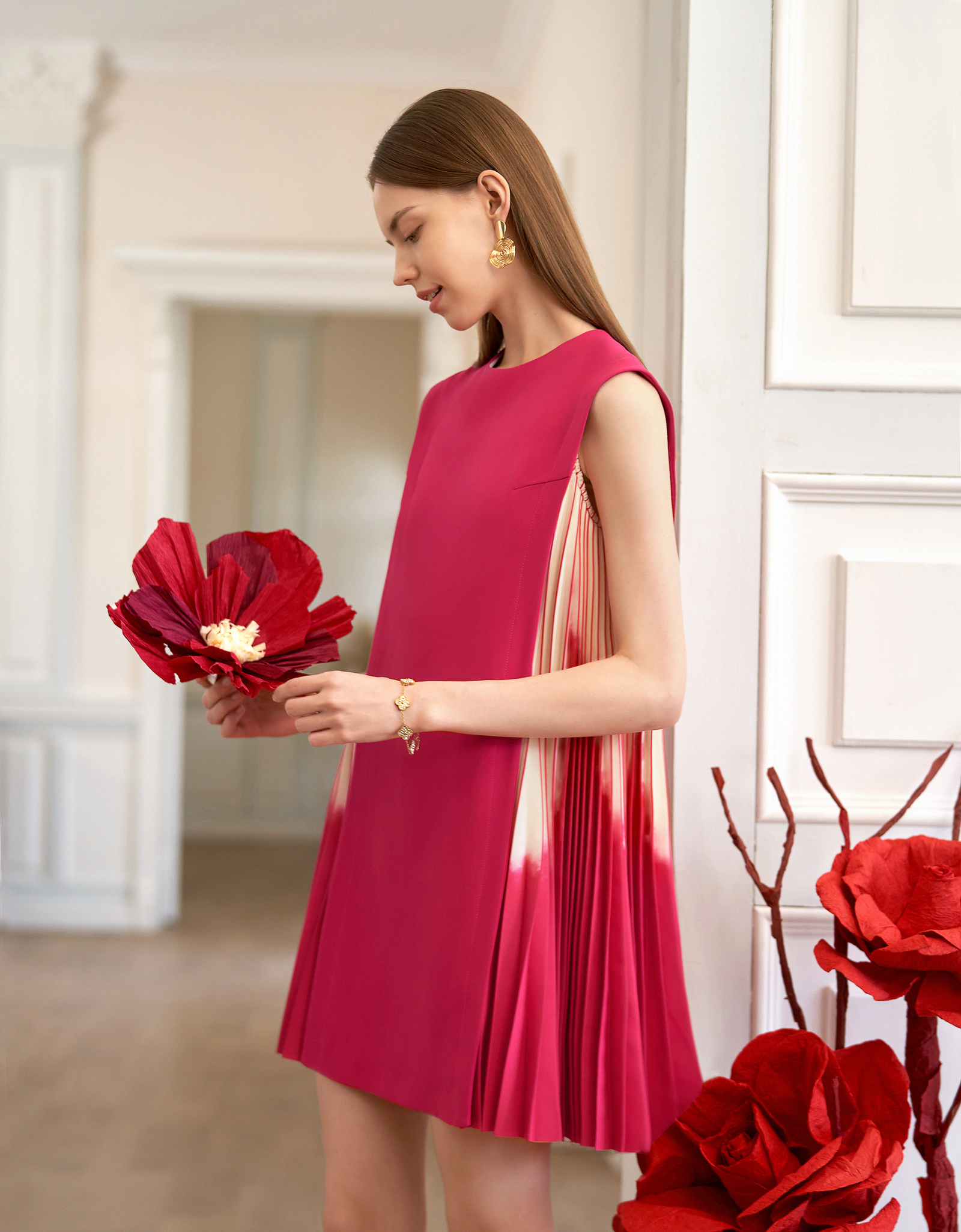 pleated shift dress Side Printed This chic dress showcases Color:brown tinbarry White Summer Dress White_3XL_Clearance