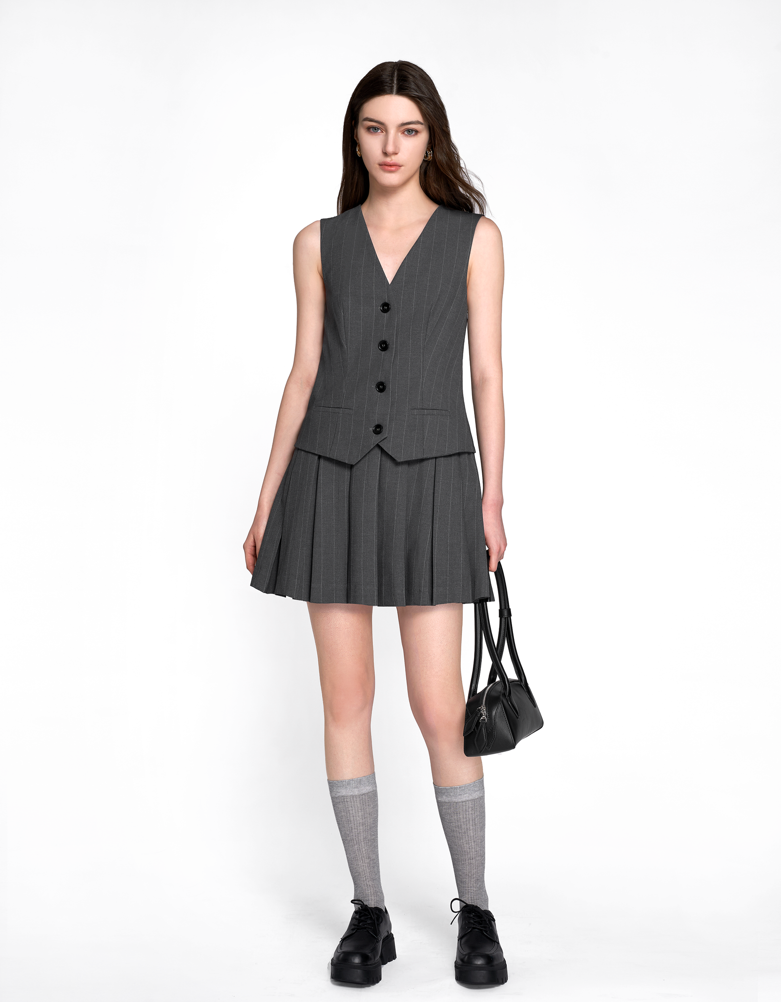 ツーピース風プリーツスカートベストスタイルワンピース