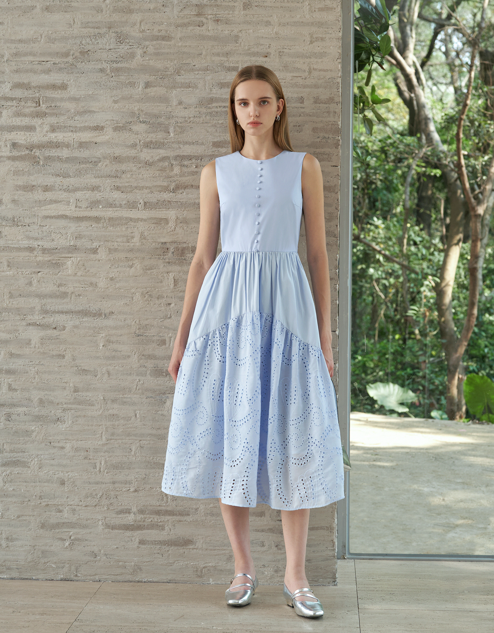Embroidered Skirt Button Front Sleeveless Dress | SaturdayClub