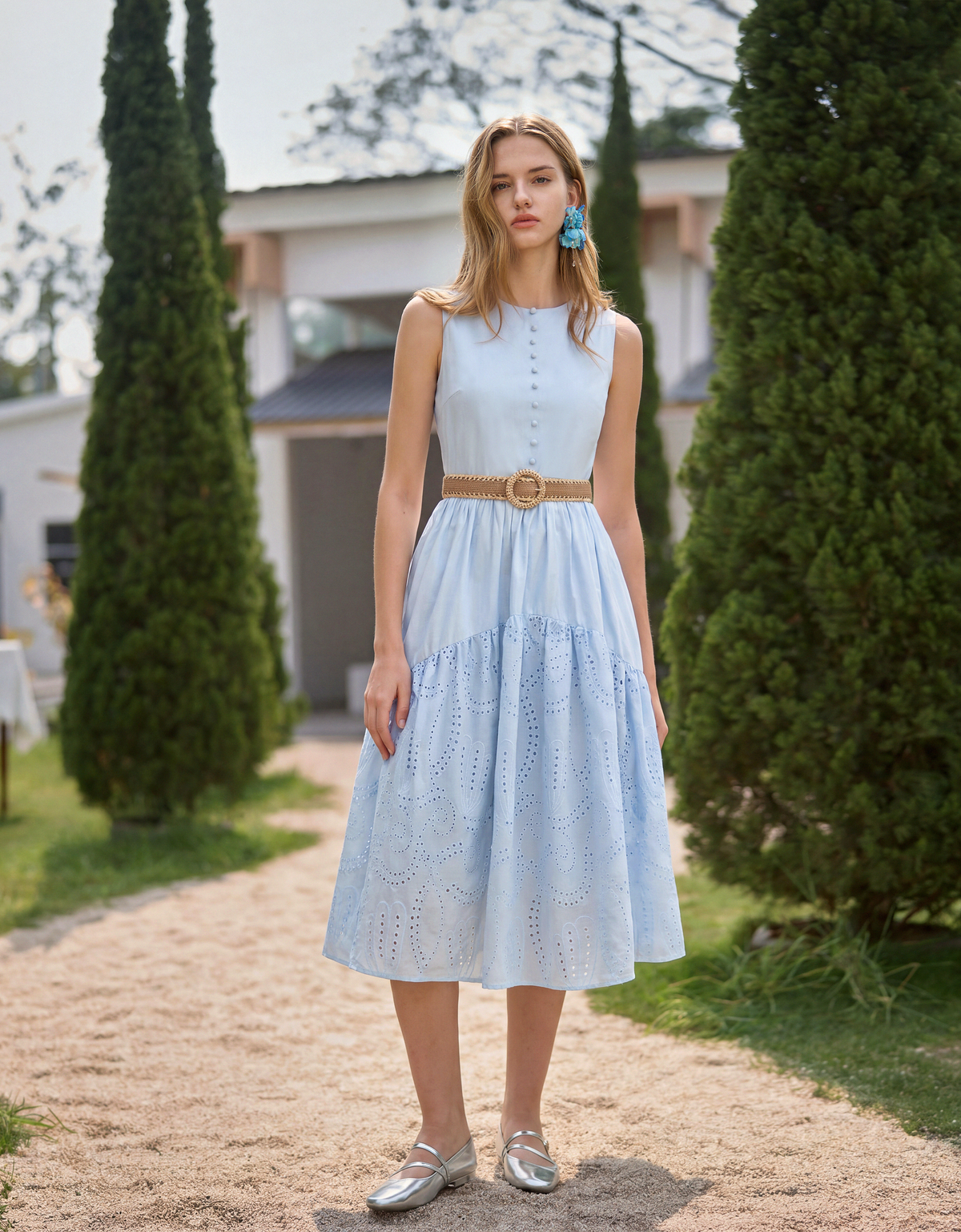 Embroidered Skirt Button Front Sleeveless Dress | SaturdayClub