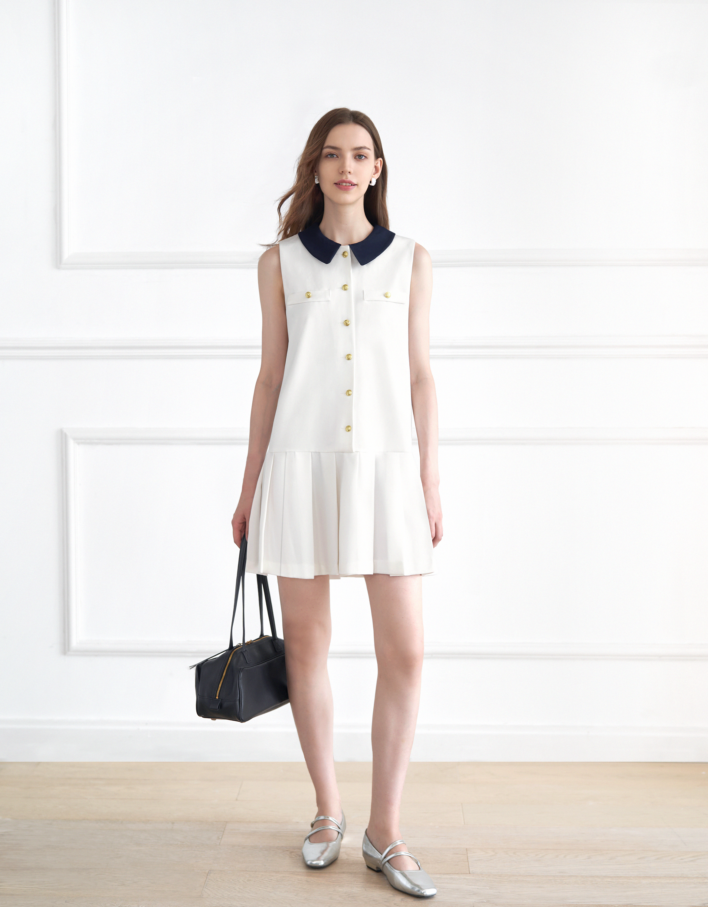 SATURDAYCLUB 取り外し可能カラー半袖ワンピース 取り外し可能カラーストライププリーツワンピース