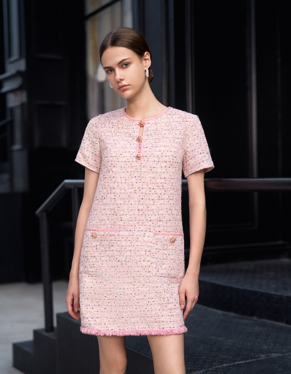 フリンジヘム半袖ツイードワンピース – SaturdayClub International