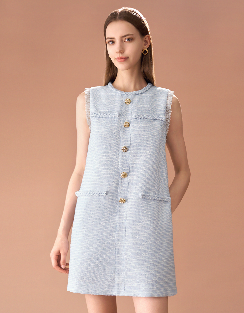 フリンジトリム編みディテールツイードワンピース フリンジトリム編みディテールツイードワンピース