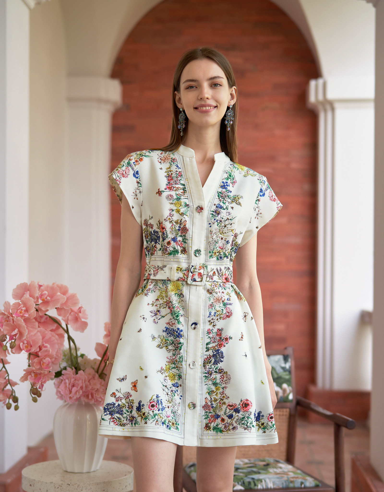 Botanical Print Button Front Cap Sleeve Dress | SaturdayClub