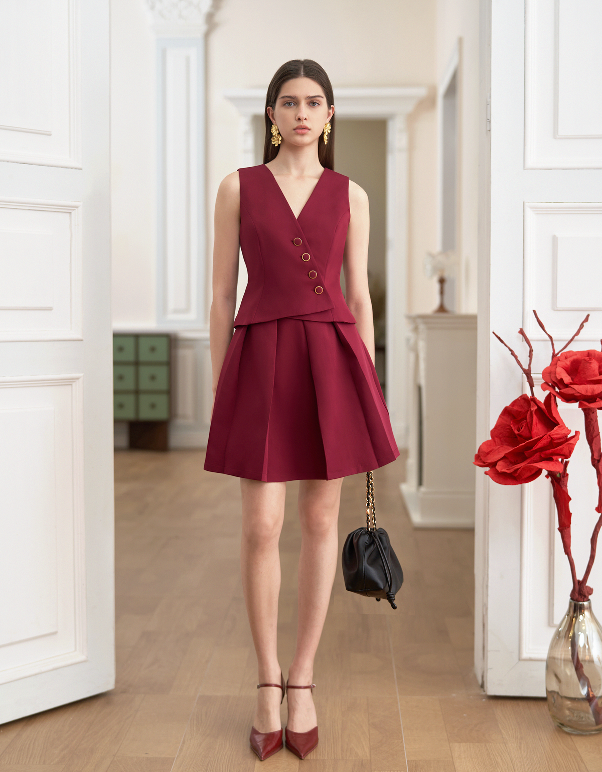 V-neck Sleeveless Pleated Asymmetric Vest Dress | SaturdayClub