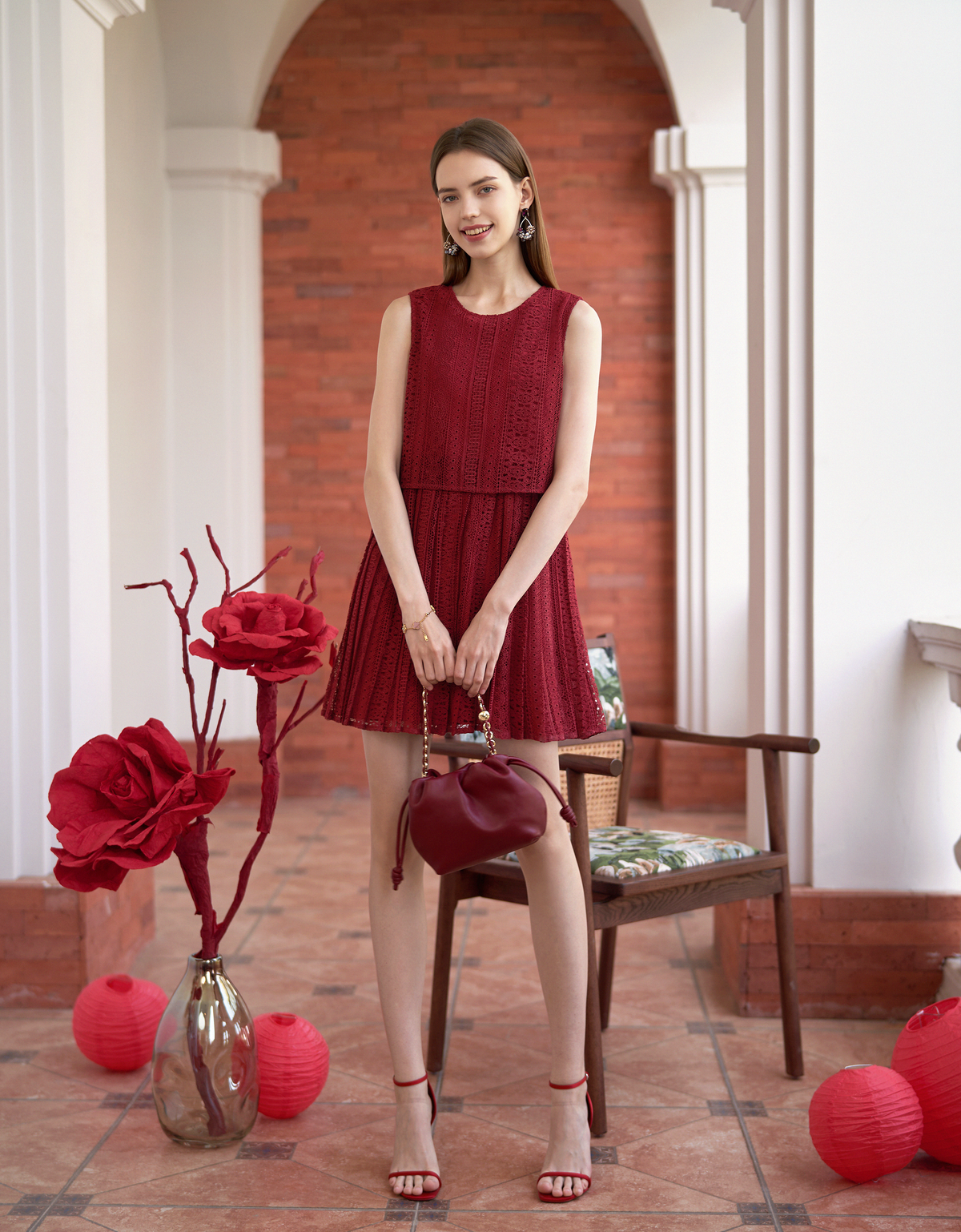 Cutwork Embroidery Round Neck Pleated Dress | SaturdayClub