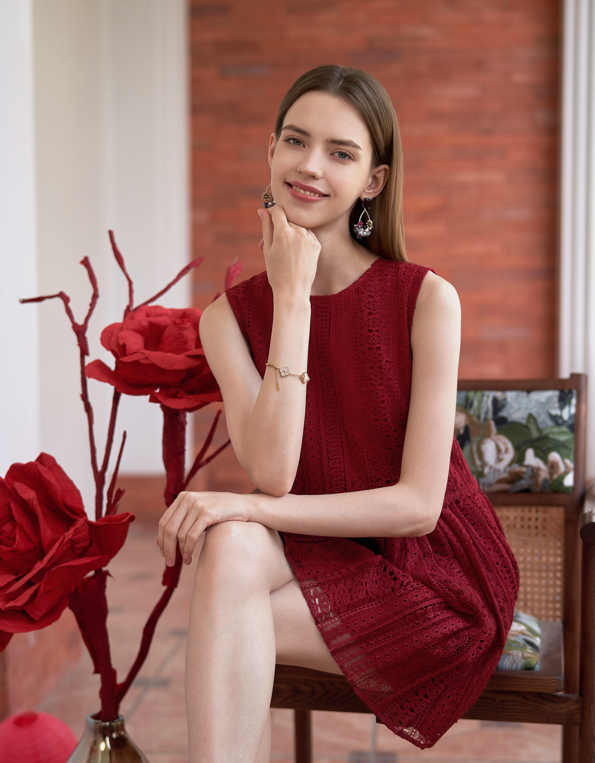 Cutwork Embroidery Round Neck Pleated Dress | SaturdayClub