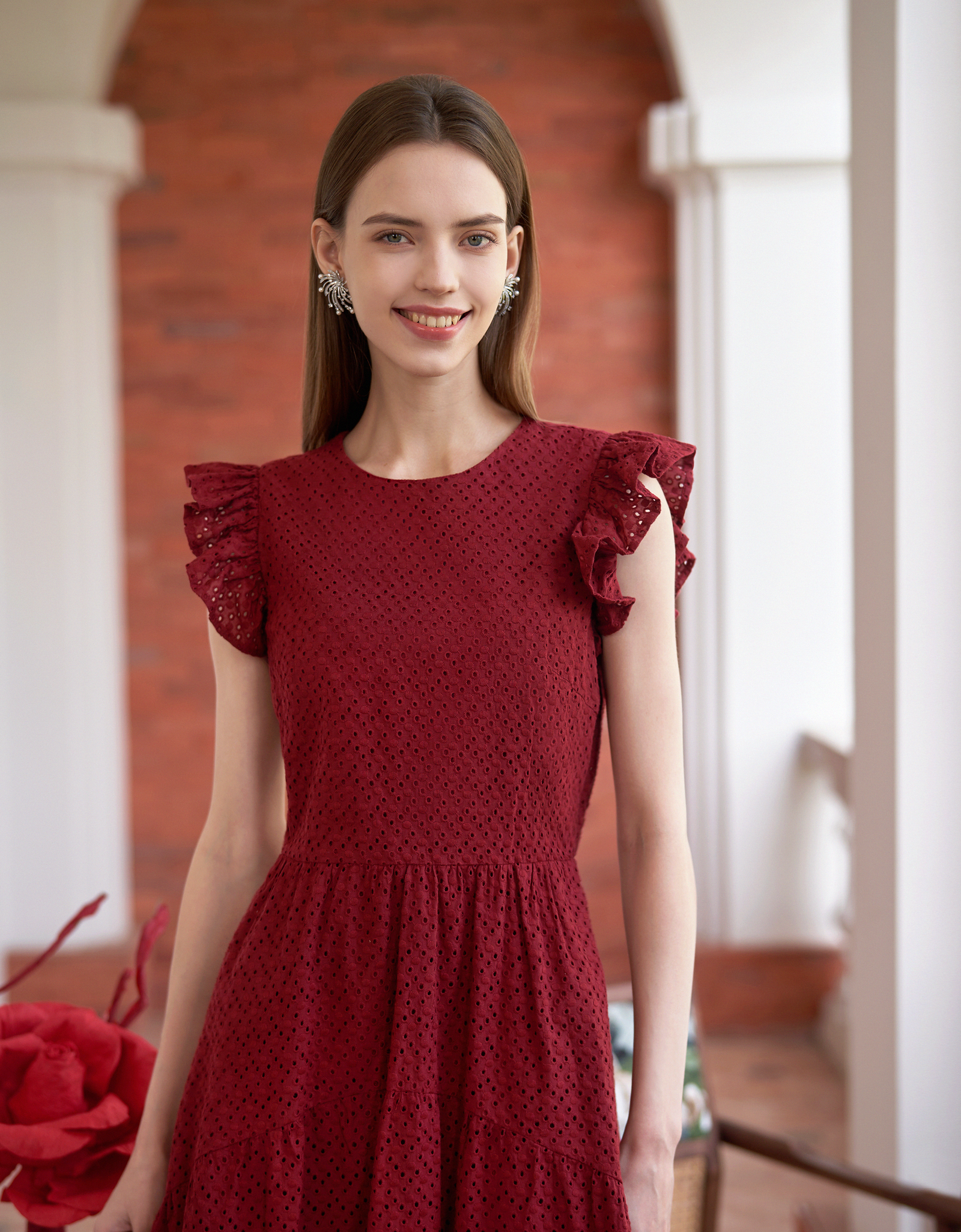 Saturdayclub ワンピース Cutwork Embroidery Ruffled Sleeves Midi Dress | SaturdayClub