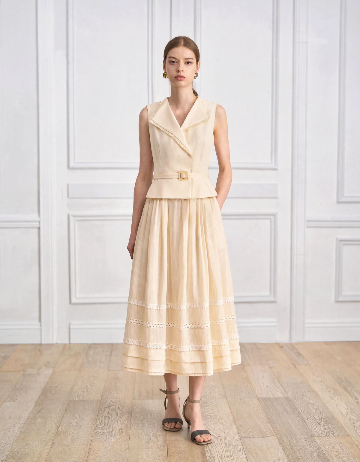 Lace Insert Sleeveless Collared Midi Dress | SaturdayClub