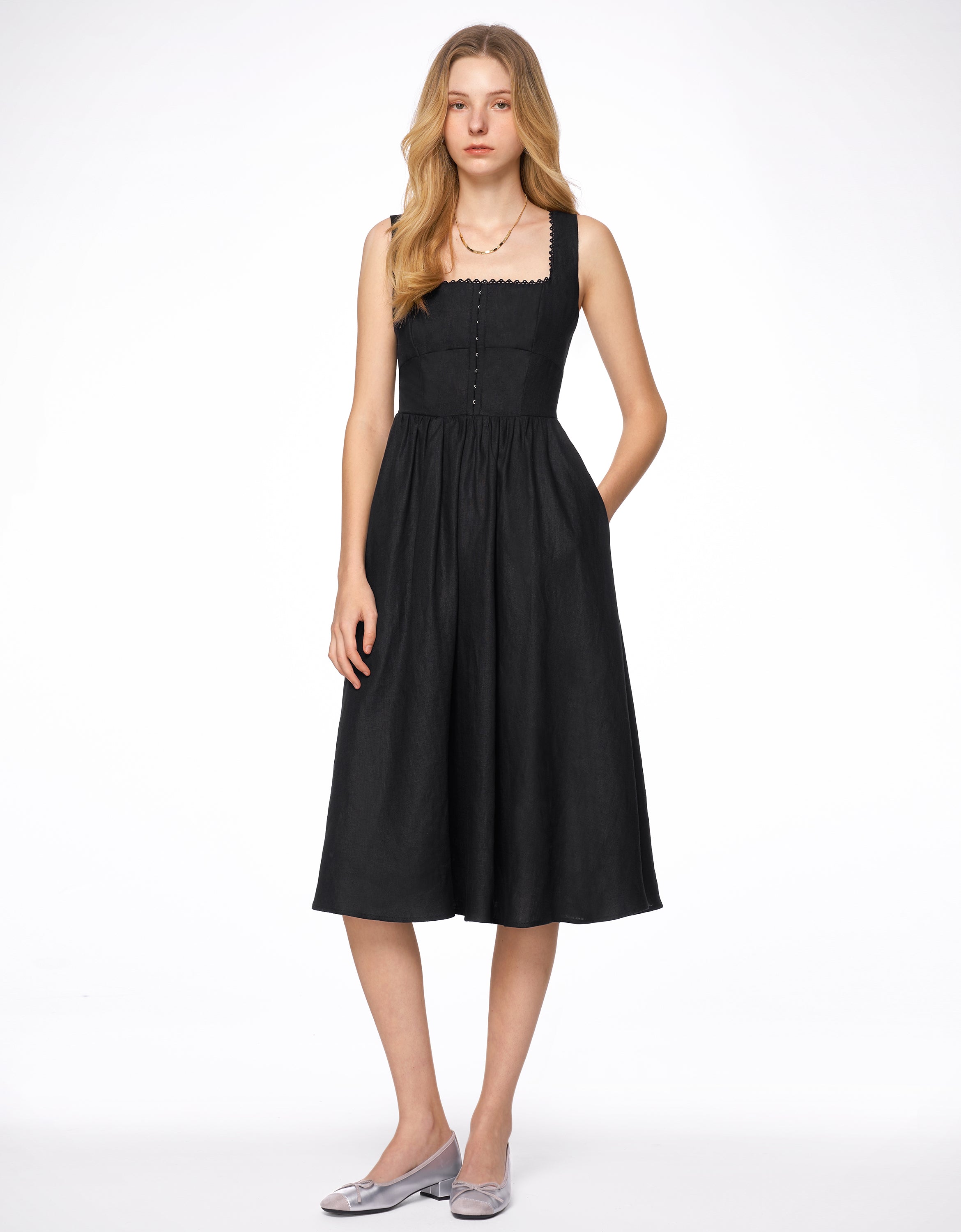 Scallop Trim Square Neck Dress