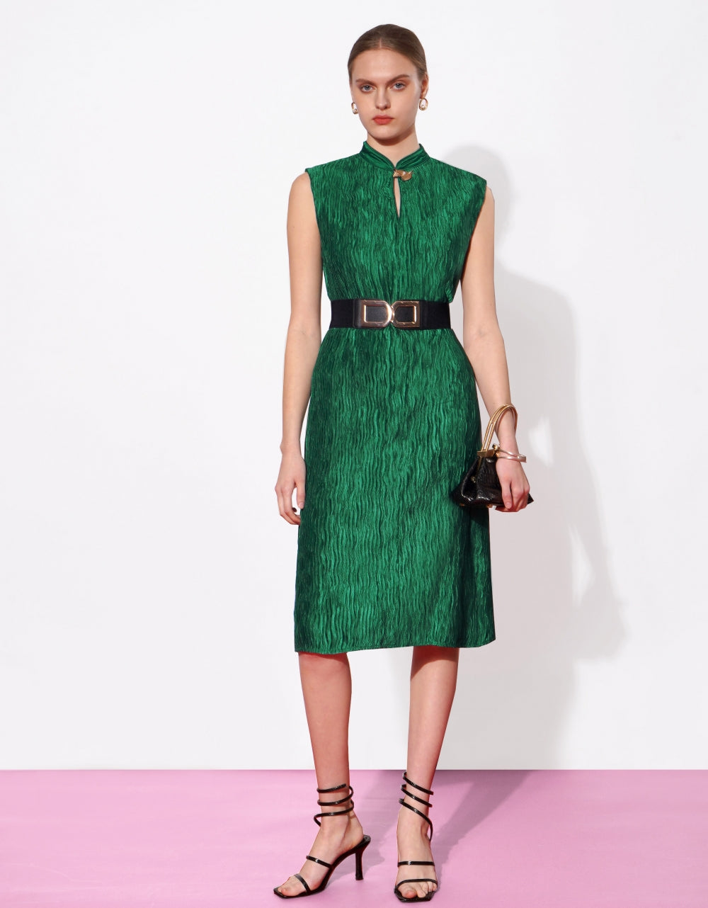 Elegant Mandarin Collar Pleated Sleeve Dress 54222