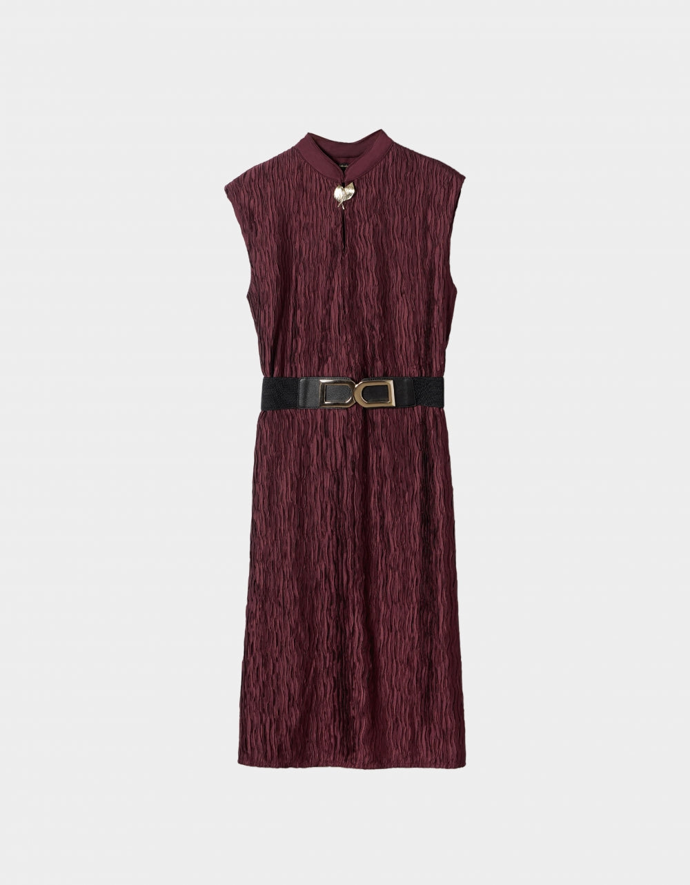 White Mandarin Collared Waist Cinched Dress main image 1