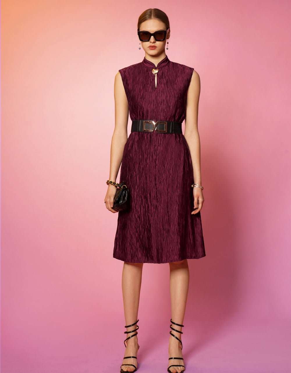 Embroidered Lace Detail Mandarin Collar Sleeveless Dress